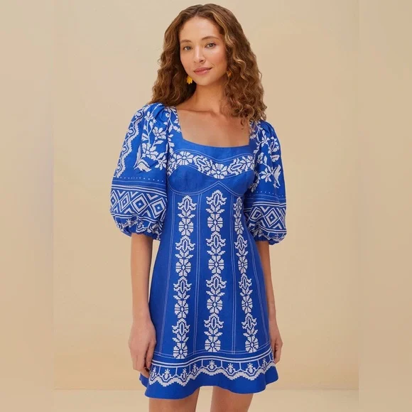 FARM Rio Tropical Printed Blue Euroflax Premium Linen Mini Dress Size Medium NWT - Picture 1 of 13